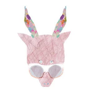 ピンク色の動物の顔がサングラスをかけ、耳にはカラフルな模様が施されたイラスト