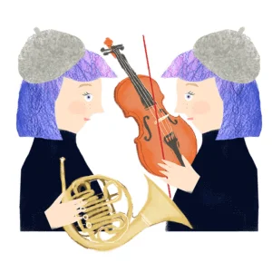 バイオリンとホルンを演奏している可愛らしいイラスト