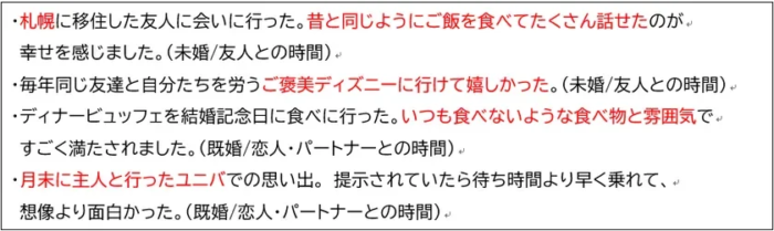 友人との再会、ディズニーでの楽しい時間、結婚記念日のディナービュッフェ、夫とのユニバーサル・スタジオ・ジャパンでの思い出など、様々な人間関係における喜びや満足感が記されています