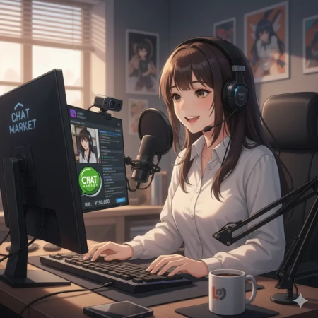 アニメ風の女性がPCデスクで笑顔でキーボードを操作している様子