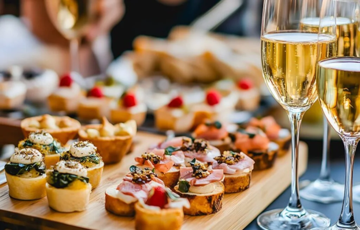 様々な種類の美しいカナッペやフィンガーフードが並べられ、泡立つシャンパンが注がれたグラスが添えられた華やかなパーティーシーン