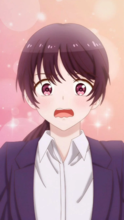 ピンク色の背景に、紺色のブレザーと白いシャツを着たアニメの女の子