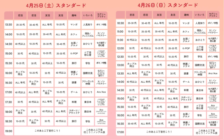 4月25日(土) スタンダードエリアのオフ会スケジュール