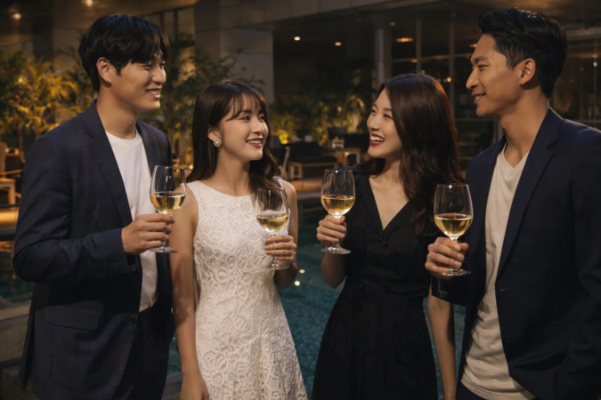 男女がワイングラスを片手に会話