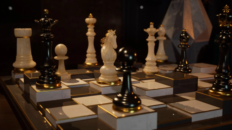 金色の装飾が施された豪華なチェス盤に、精巧な白と黒のチェスの駒が並べられています。