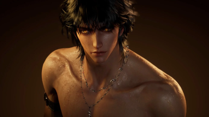 暗闇の中で輝く黄金の瞳を持つ、汗ばんだ上半身裸の男性キャラクターのクローズアップ。