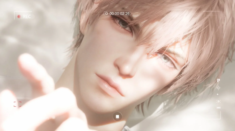 淡いピンクの髪を持つ美しい男性キャラクターのクローズアップ画像です。