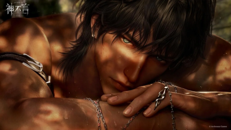 緑色の瞳を持つ黒髪の男性キャラクターのクローズアップ画像。