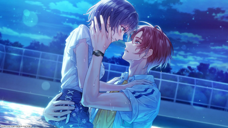 夜の水辺で抱き合う二人