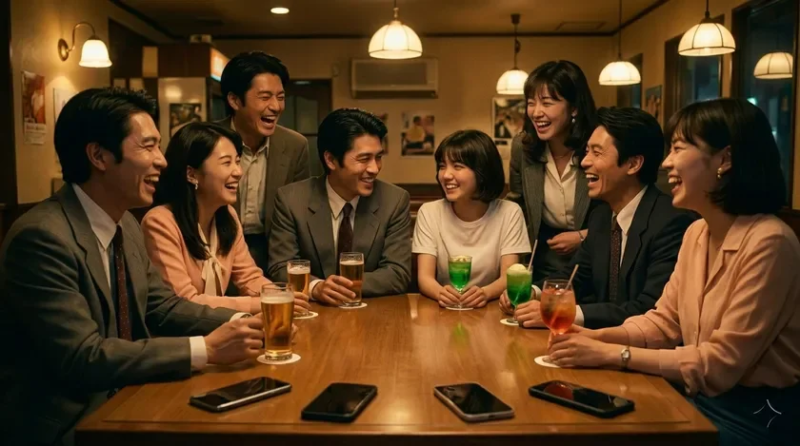居酒屋で談笑する男女8人