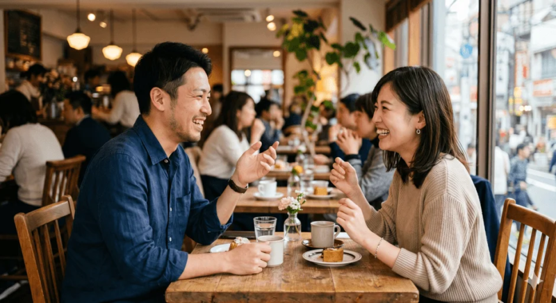 カフェで笑顔で会話する男女