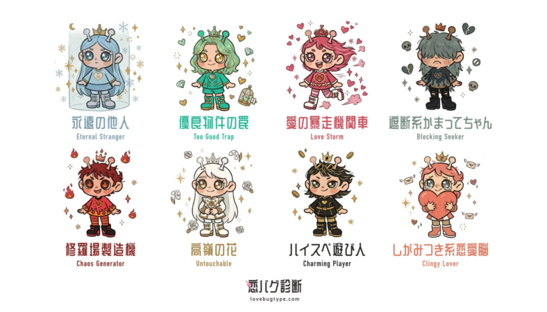 永遠の他人 Eternal Stranger 優良物件の罠 Too Good Trap 愛の暴走機関車 Love Storm 遮断系かまってちゃん Blocking Seeker 修羅場製造機 Chaos Generator 高嶺の花 Untouchable ハイスペ遊び人 Charming Player しがみつき系恋愛脳 Clingy Lover 恋バグ診断 lovebugtype.com