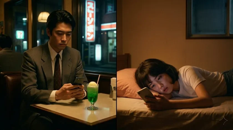 夜のカフェでスマホを見る男性と、ベッドでスマホを操作する女性
