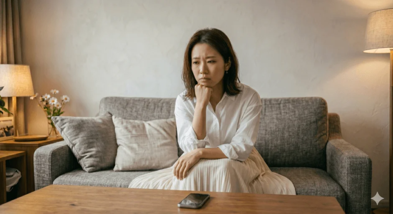 ソファでスマートフォンを見ながら悩む女性