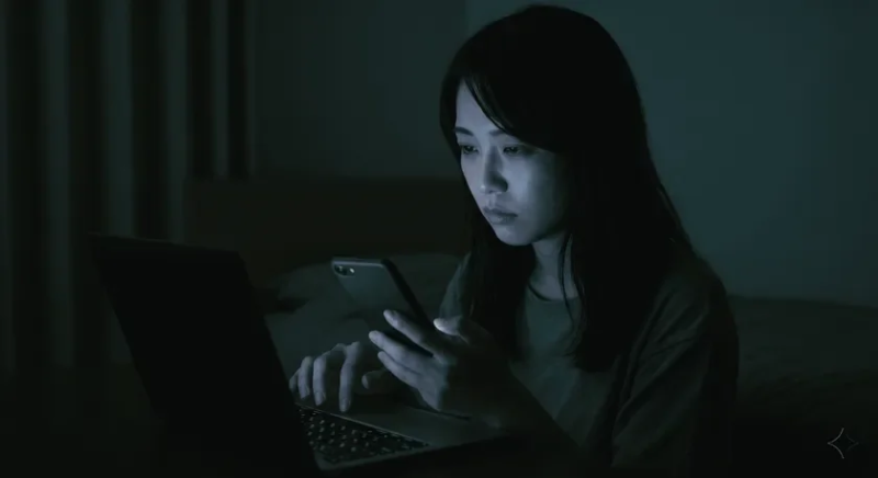 暗い部屋でスマートフォンとノートパソコンを操作する女性