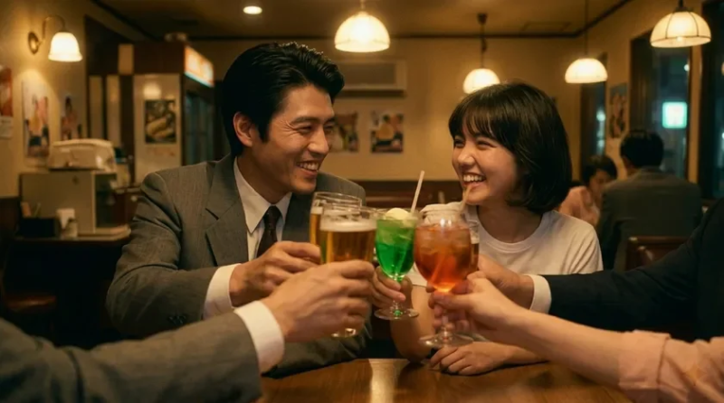 居酒屋で笑顔で乾杯する男女