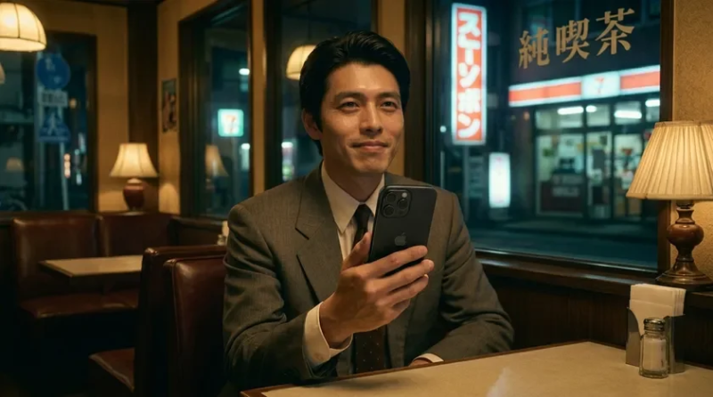 レトロな喫茶店でiPhoneを持ち笑顔の男性