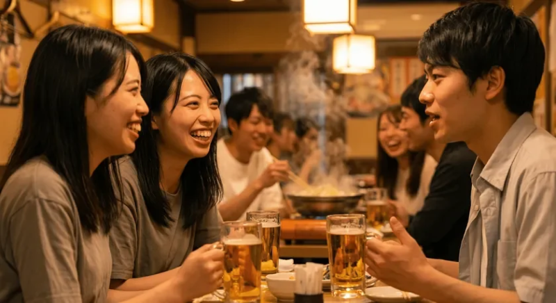 居酒屋で笑顔で食事やビールを楽しむ若者たち