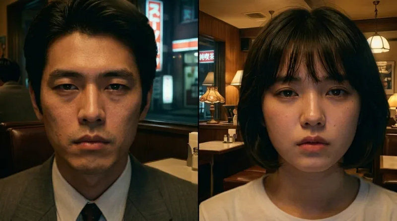 分割された画面で無表情な東洋人男女