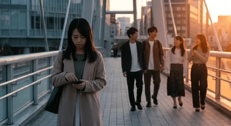 夕焼けの橋の上でスマホに没頭する女性と、楽しそうに歩く若者たち