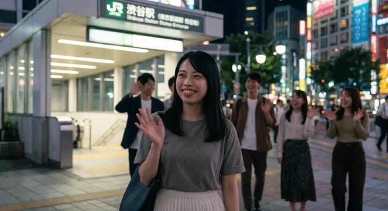 夜の渋谷駅前で笑顔で手を振る若い女性たち