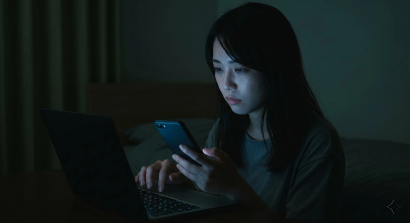 夜、女性、パソコン、スマートフォン、デジタルライフ、集中、暗い部屋、オンライン、テクノロジー、画面