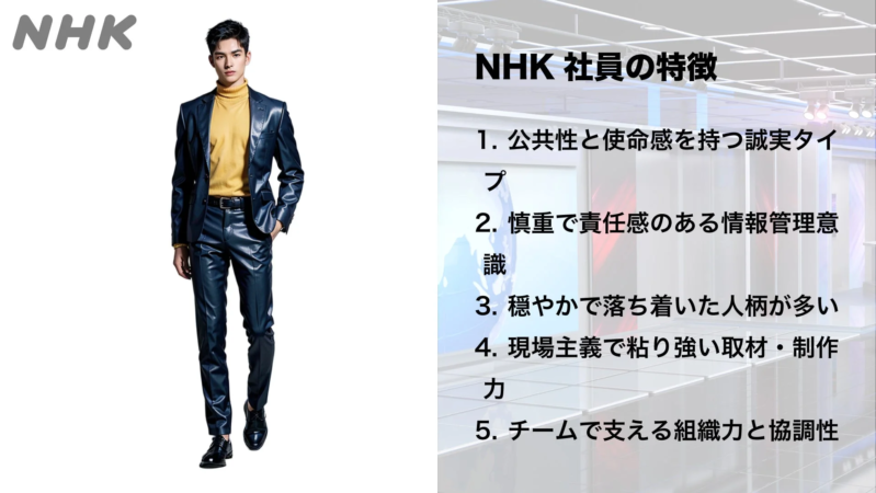 NHKのロゴと男性、社員の特徴リスト