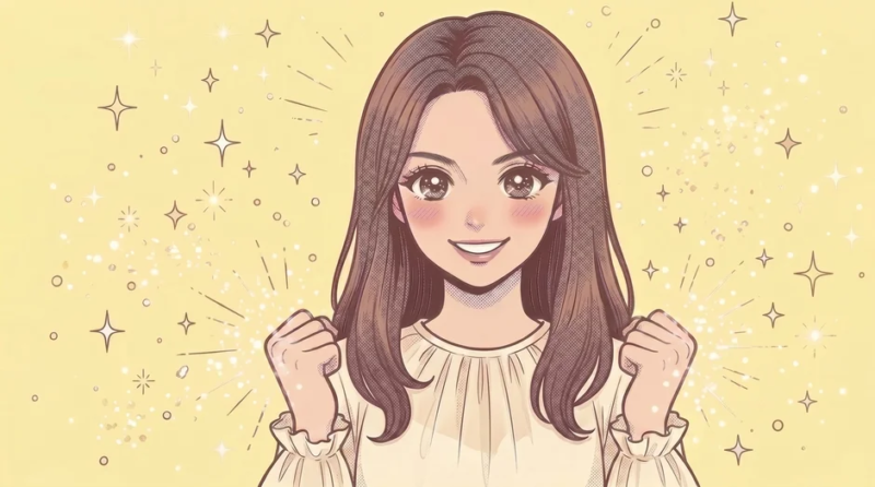 笑顔でガッツポーズする女性