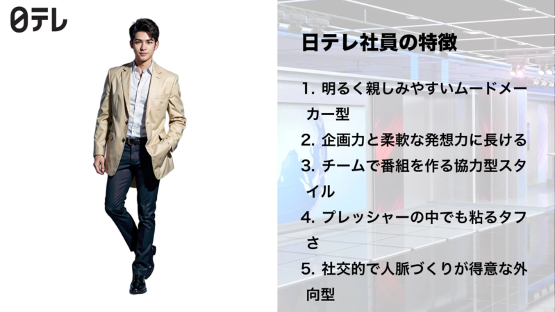 日本テレビのロゴと男性、社員の特徴リスト