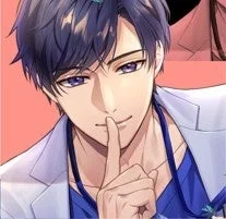 紫色の髪と目の男性アニメキャラクター