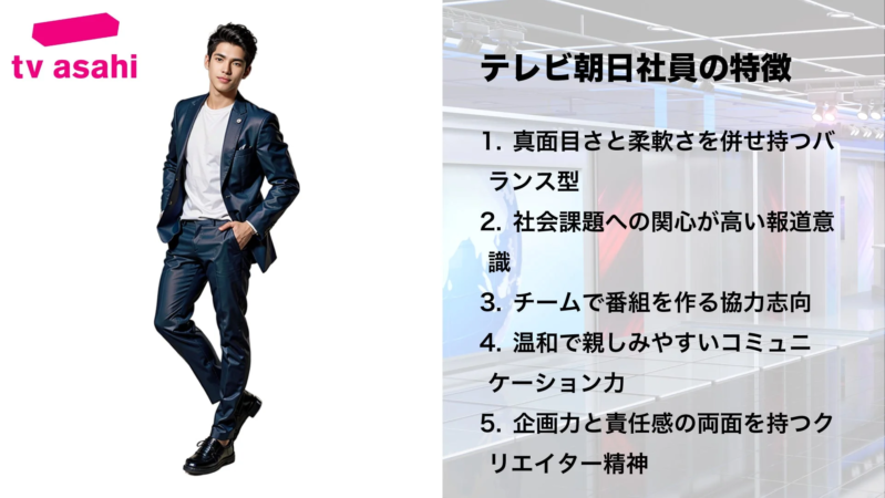テレビ朝日のロゴと男性、社員の特徴リスト