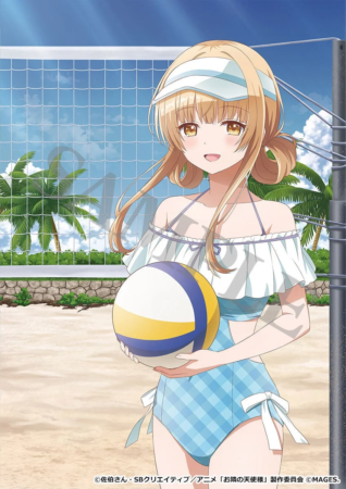 笑顔の金髪アニメ少女が、水色のチェック柄水着とサンバイザー姿でビーチバレーボールを抱えているイラスト