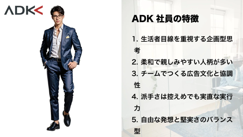 ADK社の社員の特徴を説明するスライドで、左側にはネイビーのスーツを着た男性モデルが立っており、右側には「ADK社員の特徴」として5つの項目がリストアップされています。