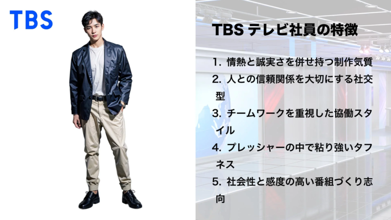 TBSテレビのロゴと男性、社員の特徴リスト