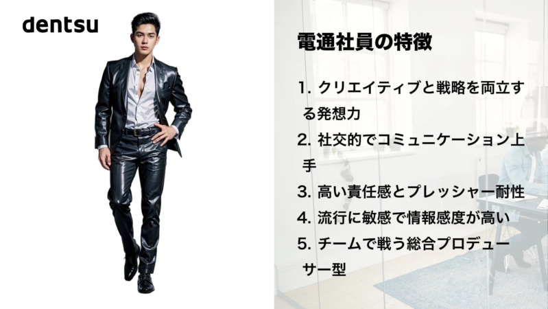 電通のロゴとレザーのスーツを着た男性が写っており、右側には「電通社員の特徴」として5つの項目が箇条書きで示されています。