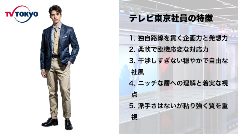 テレビ東京のロゴと男性、社員の特徴リスト
