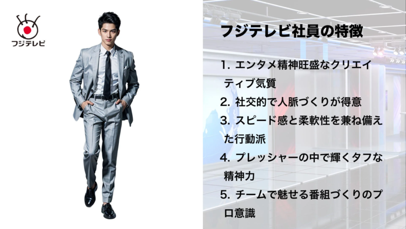 フジテレビのロゴと男性、社員の特徴リスト