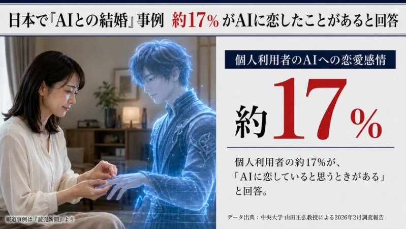 個人利用者の約17％が、「AIに恋していると想うときがある」と回答
