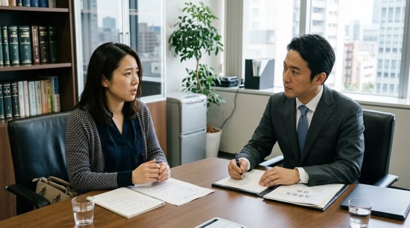 オフィスで弁護士が相談に乗る様子