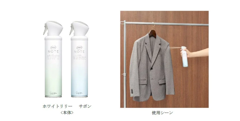 消臭力NOTE衣類用スプレーのボトルと使用シーン