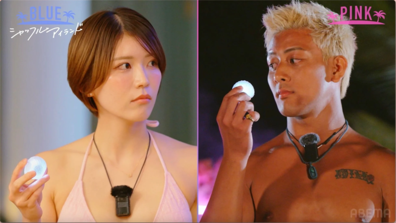光る貝を手に真剣な表情の男女