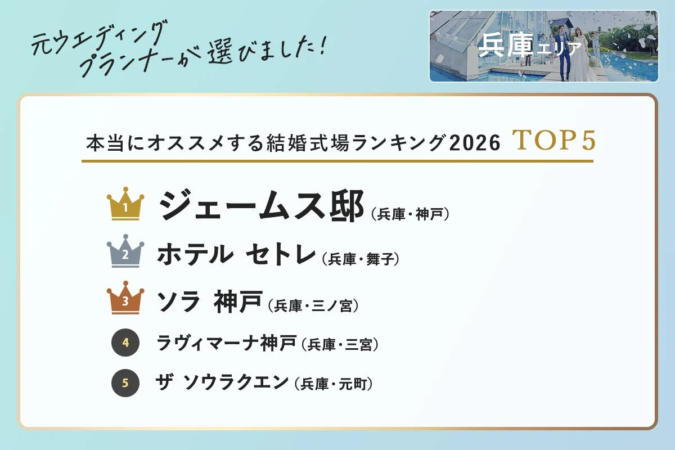兵庫エリア 本当にオススメする結婚式場ランキング2026 TOP5