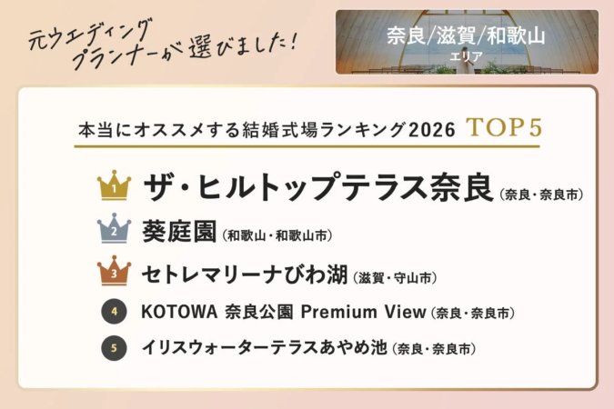奈良/滋賀/和歌山エリア 本当にオススメする結婚式場ランキング2026 TOP5