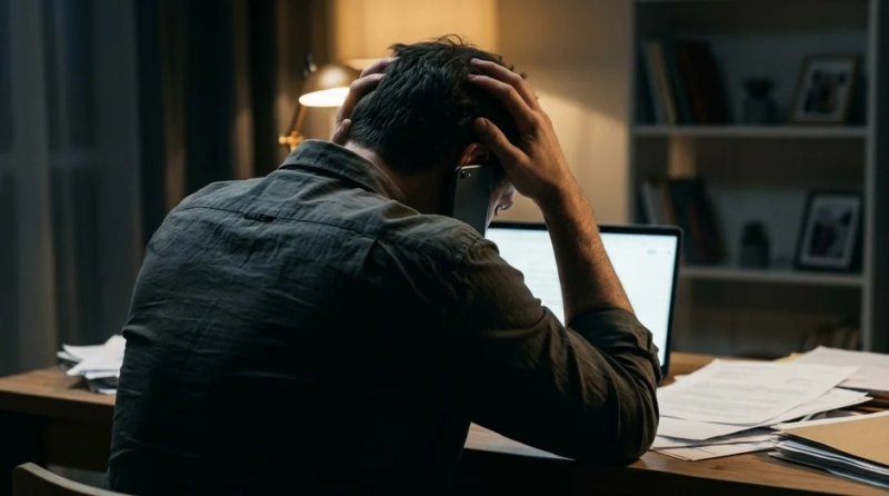暗い部屋でデスクに向かい、両手で頭を抱えながら電話で話す男性の後ろ姿。ノートパソコンと大量の書類に囲まれ、仕事のプレッシャーや疲労、ストレスを感じさせる状況が描かれています。