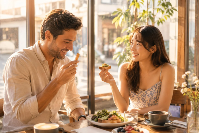 カフェで食事と会話を楽しむ笑顔の男女カップル