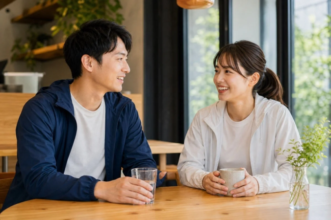 カフェで会話する男女