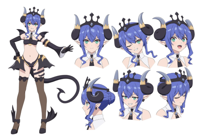 青い髪と緑の瞳を持つ悪魔の女の子のキャラクターデザインシートです。角、エルフ耳、尻尾が特徴で、様々な表情や全身の衣装が詳細に描かれています。