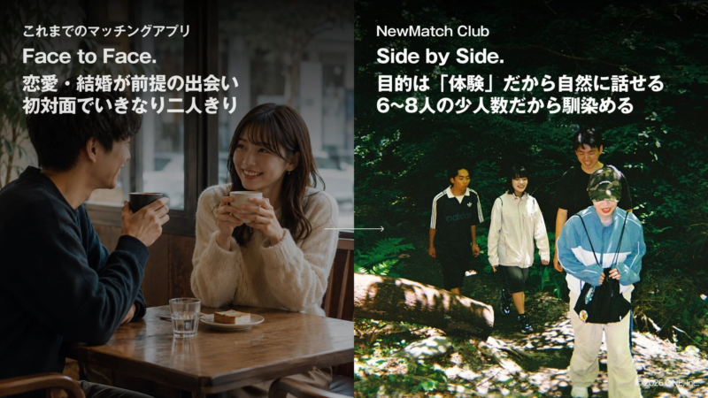 従来のマッチングアプリとNewMatch Clubの出会いを比較する画像