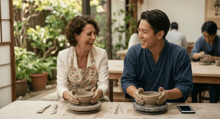 陶芸ワークショップで男女が笑顔で粘土をこね、器を作っている様子