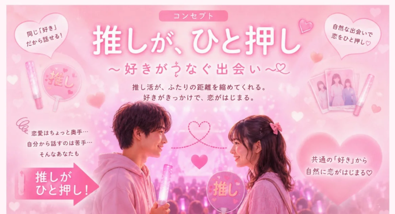 「推しが、ひと押し」の広告風画像